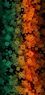 Abstract wallpaper of green and orange dice pattern.