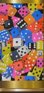 Colorful dice pattern wallpaper with bold design in gold frame.