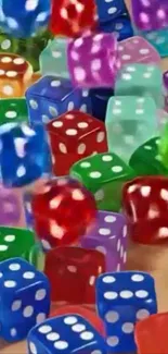 Colorful dice in various hues stacked and scattered.