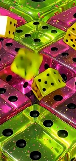 Colorful 3D wallpaper with neon floating dice pattern.