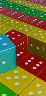 Colorful 3D dice pattern with red, yellow, green, and blue blocks.