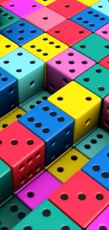 Colorful 3D dice stacked in a patterned design.