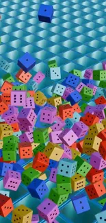 Colorful 3D dice scattered over geometric pattern.