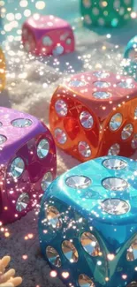 Vibrant colorful dice with sparkles shining.