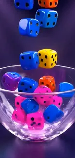 Colorful dice fall into a clear glass bowl on a purple background.