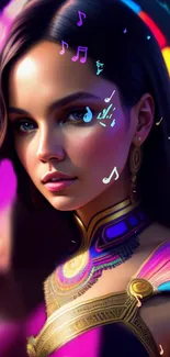 Vibrant digital portrait with colorful neon elements for phone wallpaper.