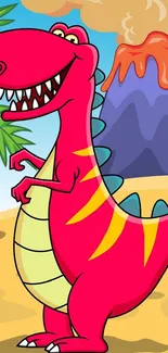 Colorful cartoon dinosaur with a volcano background.