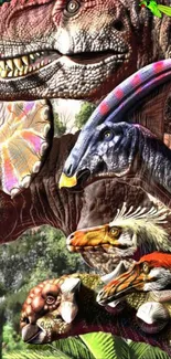 Colorful dinosaur collage with various species in a lush forest setting.