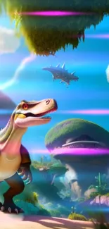 Vibrant dinosaur fantasy world wallpaper with lush landscapes.