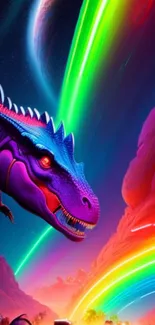 Vibrant wallpaper of a purple dinosaur with neon lights and cosmic background.