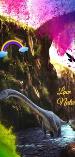 Vibrant dinosaur nature wallpaper with bright colors and a peaceful stream.