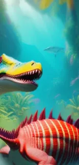 Vibrant underwater scene with dinosaurs.