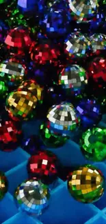 Colorful disco balls on a blue background.