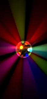 Disco ball with colorful radiating light effects on a dark background.