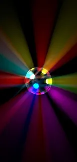 Colorful light rays from a disco ball on black background.