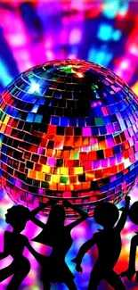 Colorful disco ball with dancing silhouettes wallpaper.