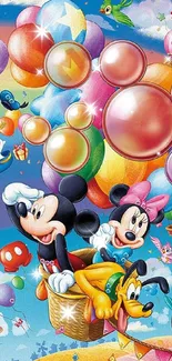 Disney wallpaper with colorful balloons and characters.