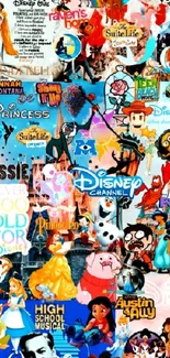 Bright Disney collage wallpaper with characters and titles.