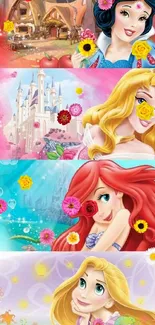 Disney princess collage with vibrant backgrounds.