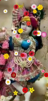 Mobile wallpaper with colorful divine figure adorned with flowers.