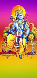 Colorful artwork of a divine figure on a throne with a gradient background.