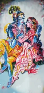 Vibrant artwork of a divine couple in traditional attire, full of vivid colors.