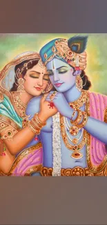 Colorful illustration of a divine couple in traditional attire with vibrant hues.