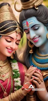 Artistic divine couple with gold accents in a colorful and vibrant depiction.