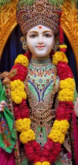 Colorful divine figure with intricate ornaments and floral garlands.