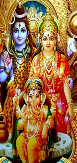 Vibrant Hindu deities with golden ornaments.