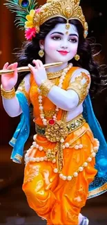 Colorful artwork of Lord Krishna in vibrant attire.