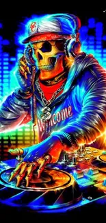 Neon skeleton DJ mixing music with vibrant colors.