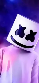 DJ with vibrant mask in a cosmic purple background.