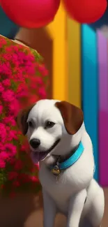 Playful dog with blue collar against a colorful fence.