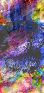 Colorful abstract dog art with blue and vibrant splashes.