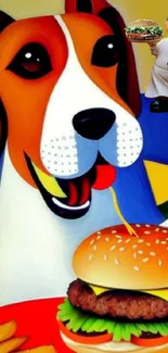 Vibrant wallpaper of happy dog with burger and chef.