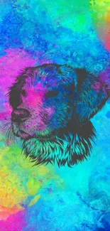 Vibrant neon dog art on colorful abstract background.