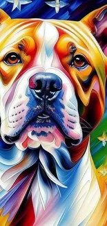 Colorful, abstract dog artwork with vibrant tones and stars.