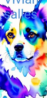 Colorful watercolor dog art with vibrant splashes on mobile wallpaper.