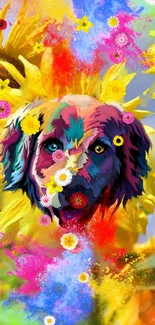 Colorful dog and sunflower art wallpaper for mobile.