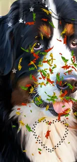 Colorful artistic dog with leaves on a mobile wallpaper.