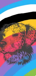 Vibrant wallpaper featuring a colorful dog in psychedelic rainbow hues.