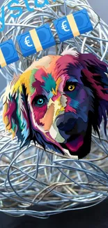 A vibrant, colorful dog art on silver wire background.