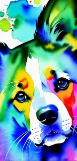 Vibrant watercolor dog art with colorful splashes for mobile wallpaper.