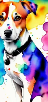 Colorful watercolor dog artwork wallpaper with vibrant splashes.