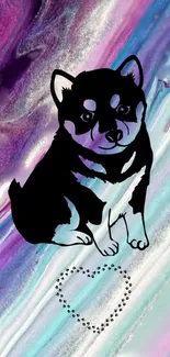 Black and white dog on colorful background with heart.