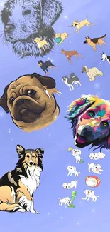 Vibrant dog illustration wallpaper on purple background.