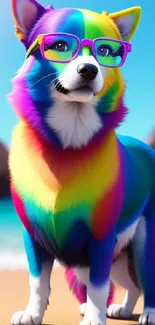 Rainbow-colored dog with glasses on a sunny beach.