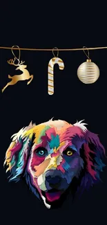 Colorful dog and golden Christmas ornaments on dark wallpaper.