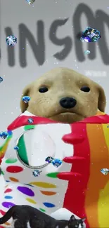 Adorable dog in rainbow sweater with emojis and diamonds on a gray background.